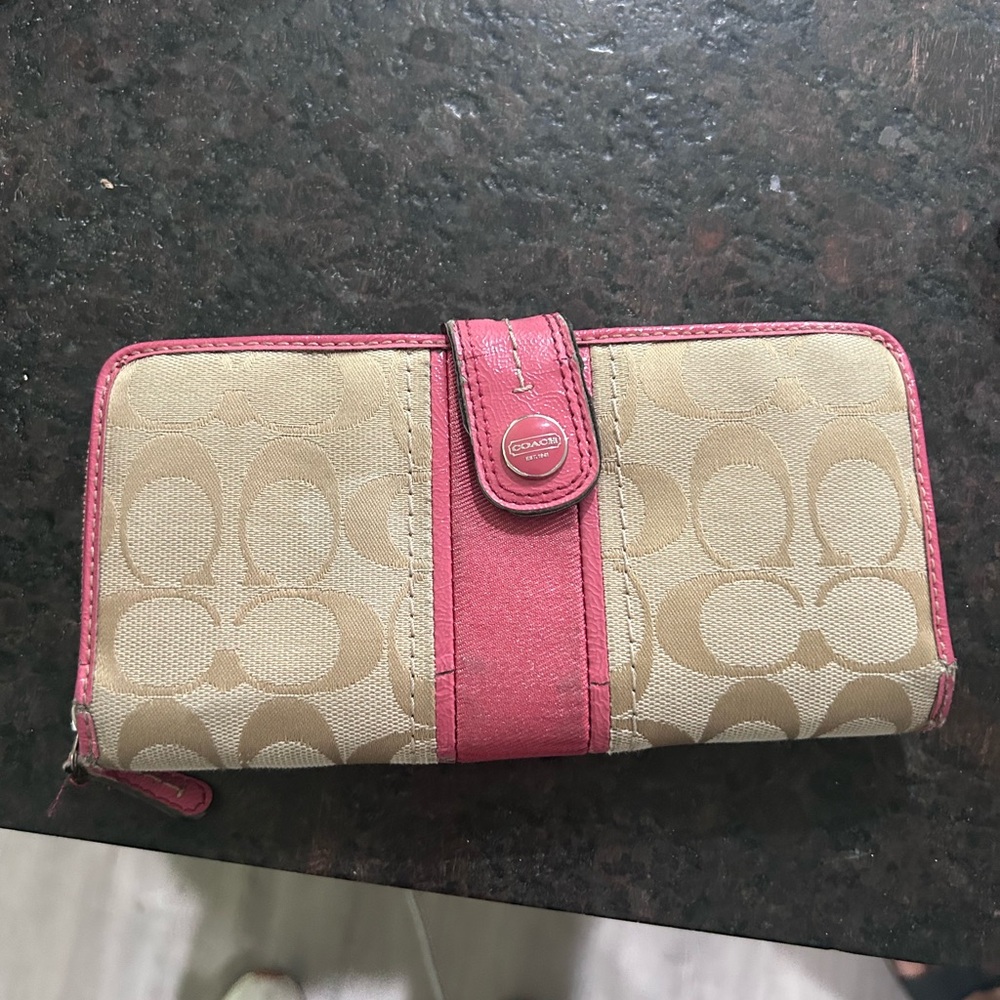 Coach Signature Beige and Pink Wallet
